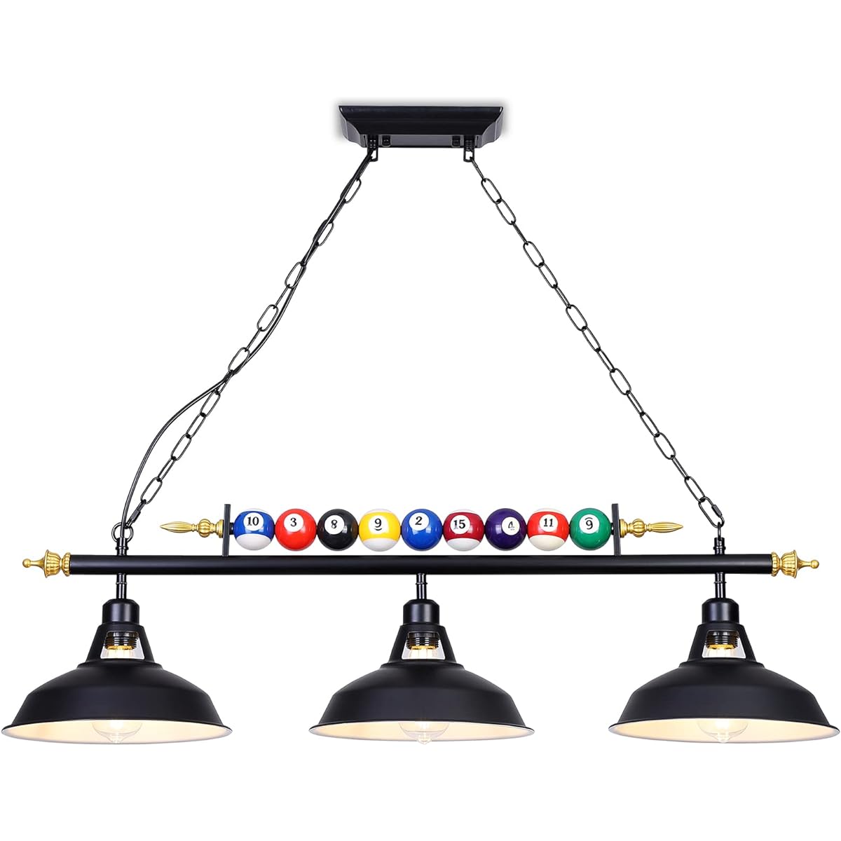 Mcacggo Billiard & Pool Table Light, 3-Light Hanging Pool Table Lighting for 7'-8' Tables with Black Matte Metal Shade and Billiard Ball Decoration for Billiard Room, Snooker Table, Kitchen Island