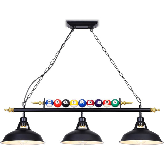 Mcacggo Billiard & Pool Table Light, 3-Light Hanging Pool Table Lighting for 7'-8' Tables with Black Matte Metal Shade and Billiard Ball Decoration for Billiard Room, Snooker Table, Kitchen Island