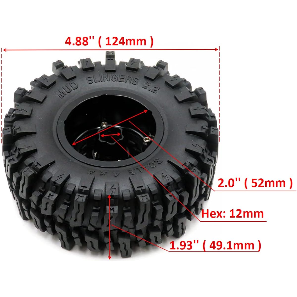 HOBBYSOUL 2.2 Mud Slinger Tires 124mm & 2.2 Beadlock Wheels Black 2.2 Tires and Wheels 12mm Hex Rims for Axial Capra Wraith/Traxxas TRX4 / Gen8 Everest Gen 7 Pro (4 Pack, Pre-Assembled)