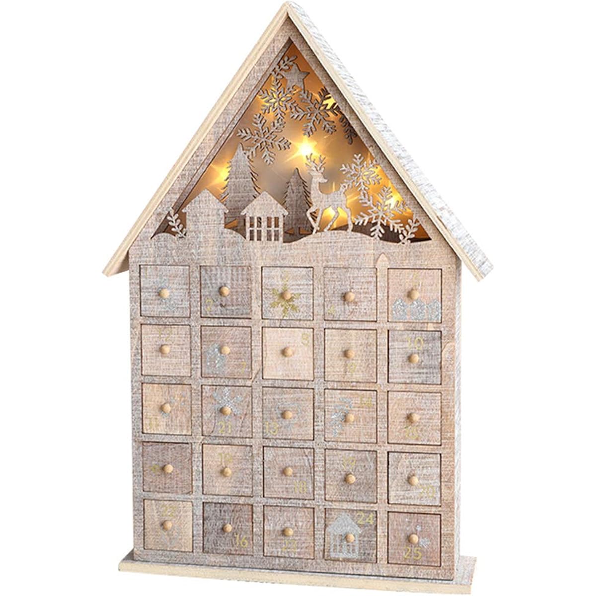 Wooden Christmas Advent Calendar with LED Lights, Glowing Snow House, 25 Drawers