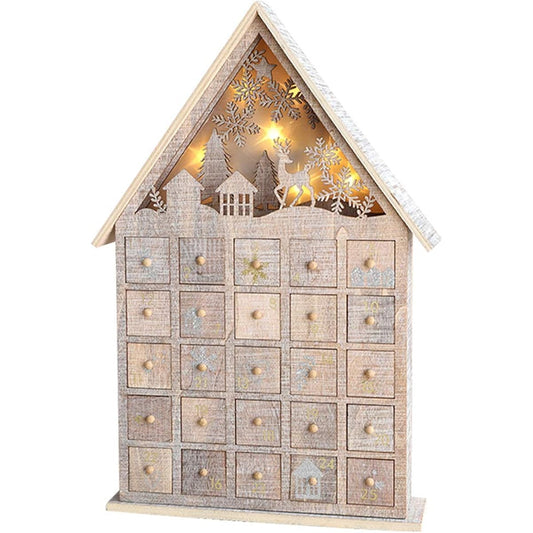 Wooden Christmas Advent Calendar with LED Lights, Glowing Snow House, 25 Drawers