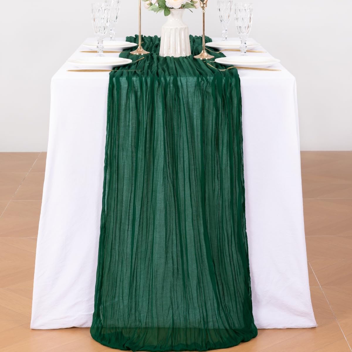 UrbnChrm Emerald Green Cheesecloth Table Runner 35x120 Inch 3 Pack Gauze Boho Table Runner Rustic Sheer Runner for Easter Party Baby Bridal Shower Decor