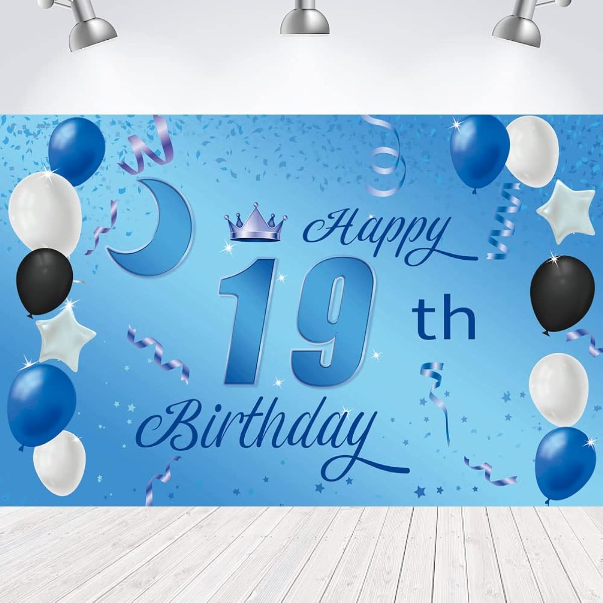 Sweet Happy 19th Birthday Backdrop Banner Poster, 19th Birthday Party Decorations, 19th Birthday Party Supplies, 19th Photo Background for Girls, Boys, Women, Men - Blue 72.8 x 43.3 Inch