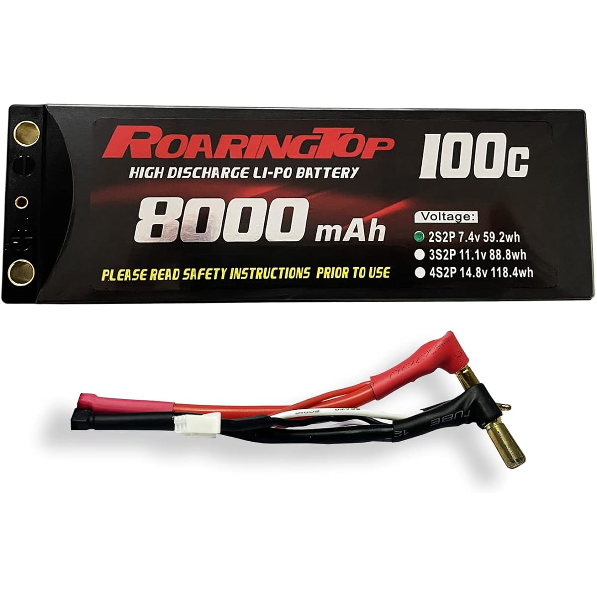 ROARINGTOP 2s 8000mAh Lipo Battery 7.4V 100C Hard Case Lipo Battery Pack 4mm Barrett Dean Style with T Plug for 1/8 1/10 RC Car Model Traxxas Slash Buggy Team Associated