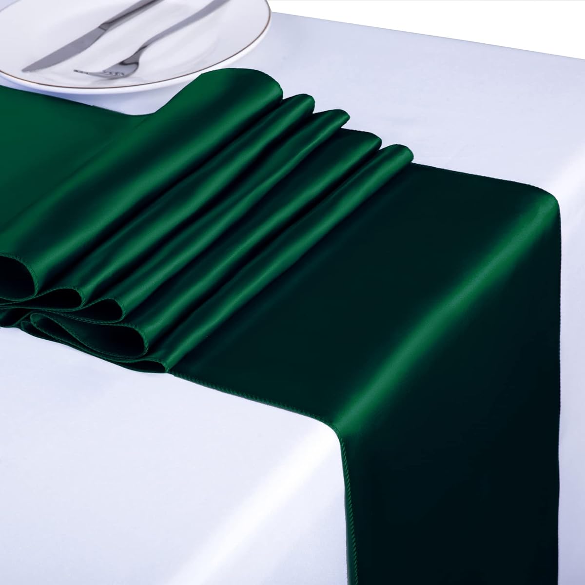 Cupuamon Satin Table Runners 12 Pack 12" x 108" for Party Wedding Rectangle Round Table Chair Sash (Hunter, 12 Pieces)