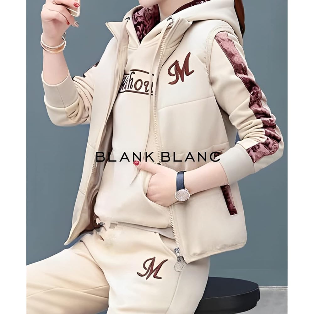 [BLANK BLANC] 3-Piece Jersey Setup Warm Women's Fleece Lined Sweatshirt Vest Pants Autumn Winter Spring S-L B32