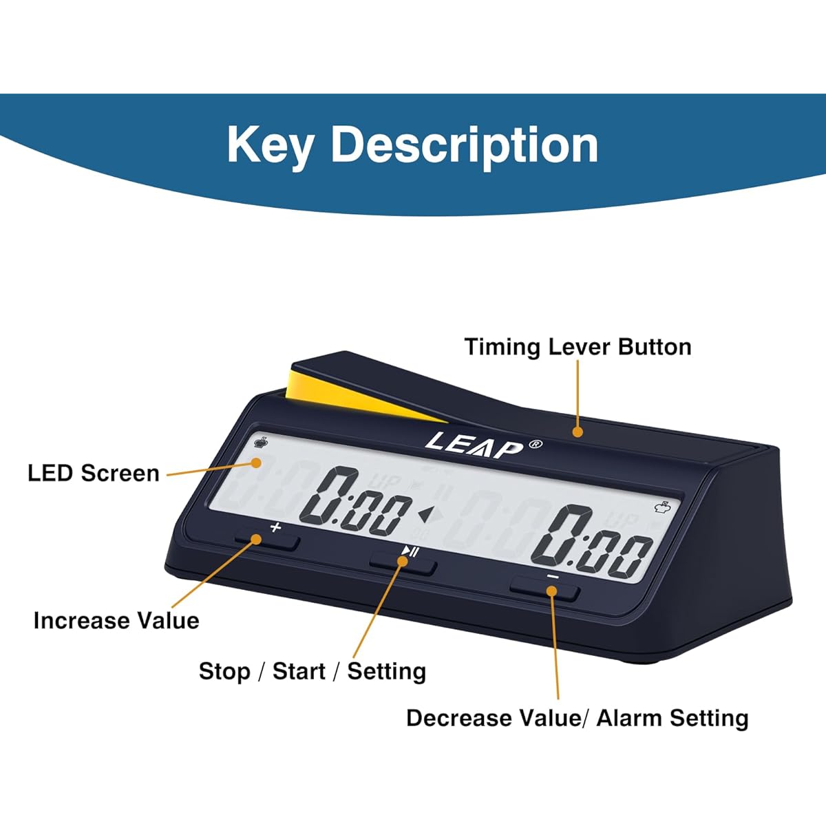 JIESENG Chess Clock, Advanced Digital Chess Timer Countdown with Bonus Delay and Alarm Function for Professional Chess Board Game, Blue
