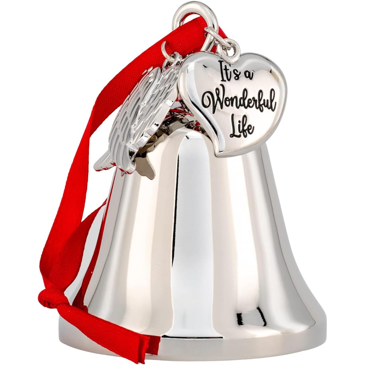 It's a Wonderful Life Inspired Christmas Angel Bell Ornament - Large size with stainless steel angel wing charm and two interchangeable bows.