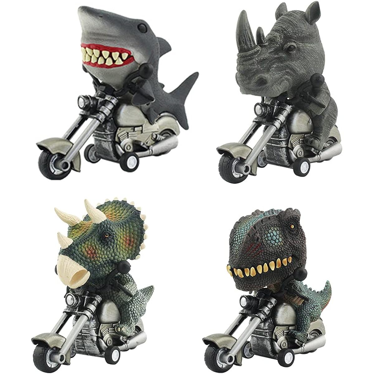 Friction Powered Inertia Animal Motorcycle Toy Vehicles Gift 4pcs Kids Boys Age 3 4 5 6 7 8 9 Shark Toy Car + Special Rhino Toy + Dinosaur Motorcycle Game T-Rex Triceratops Monster Dinosaur Toy