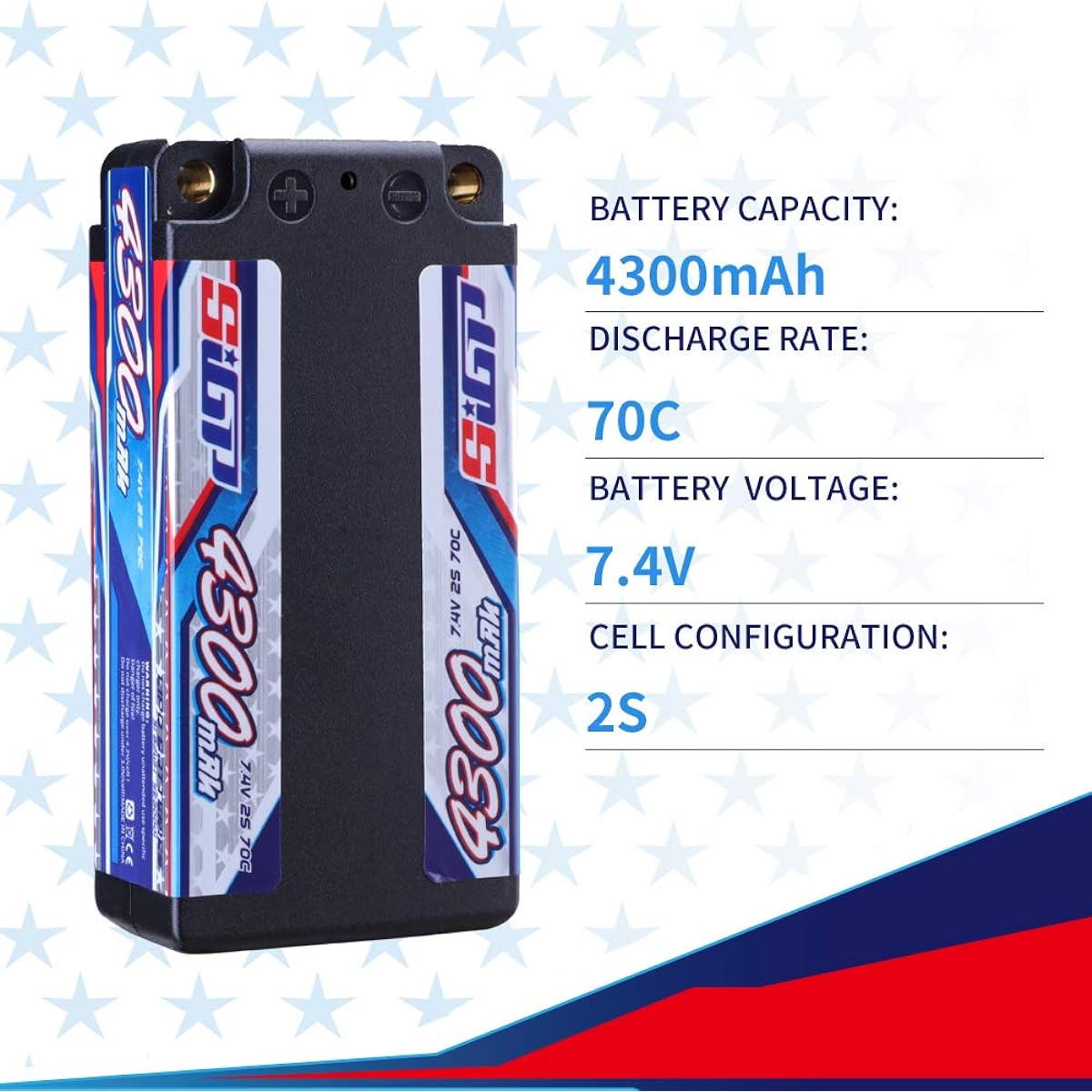 SIGP 7.4V 2S Lipo Battery 4300mAh 70C Hard Case with 4mm Bullet for RC Vehicles Car Truck Truggy Boat Tank Buggy Racing Hobby 2 Pack
