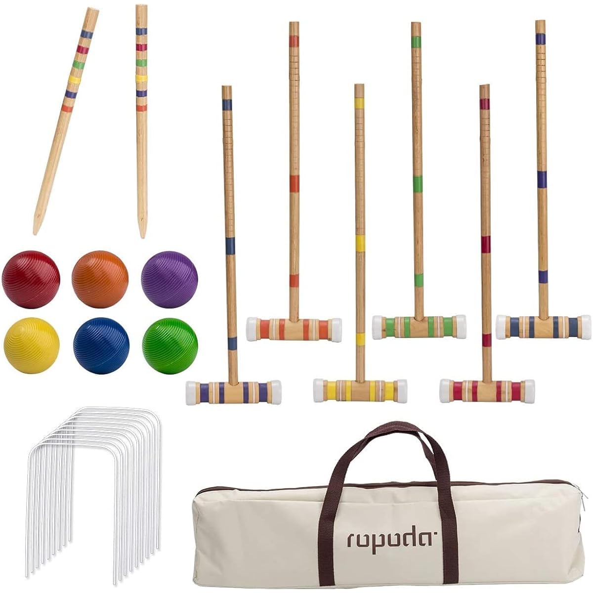 ROPODA 6 Player Croquet Set with Wooden Mallets and Colored Balls and Sturdy Carrying Bag for Adults & Kids, Lawn, Backyard, Park, etc.