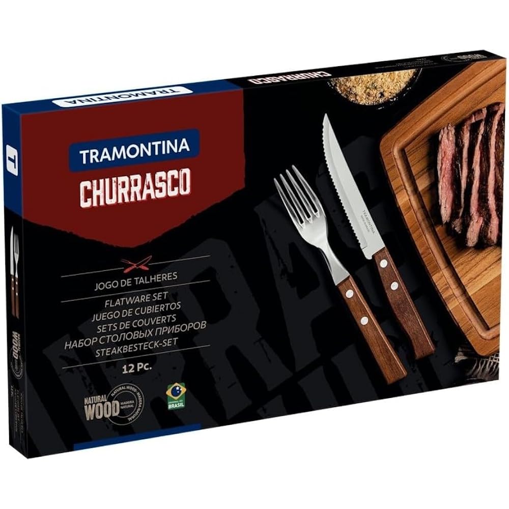 Tramontina Traditional Heavy Duty Natural Wood Handle Steak Knife 21cm & Table Fork 19cm Set of 12 3 Degree Heat Treated Knife Boxed Durable Lightweight Made in Brazil 22299/002 TRAMONTINA