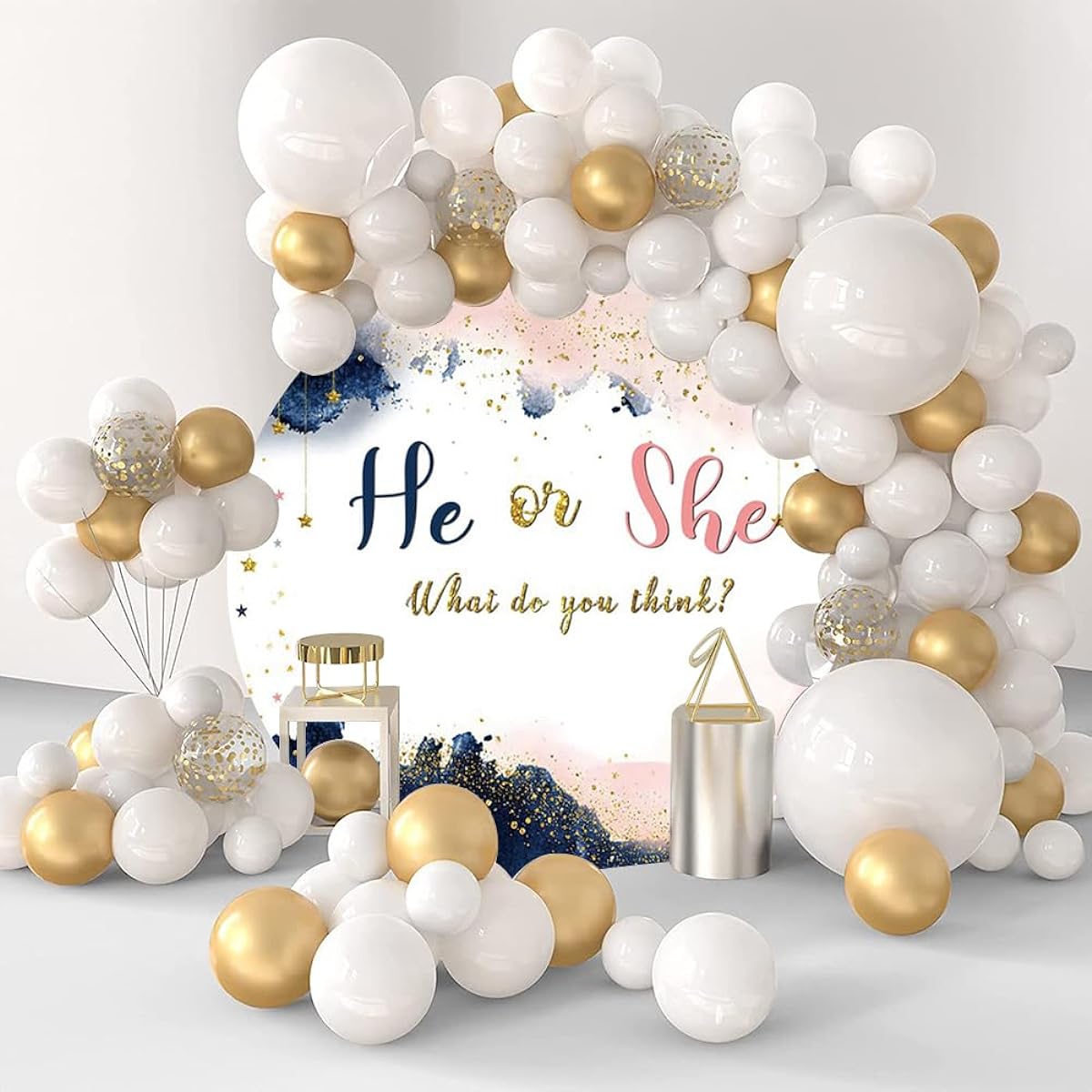 OERJU 6x6ft Navy and Blush Gender Reveal Round Backdrop Pink Blue Boy or Girl Him or Her Gold Star Sequin Photo Backdrop Baby Shower Pregnancy Reveal Surprise Party Decoration Banner