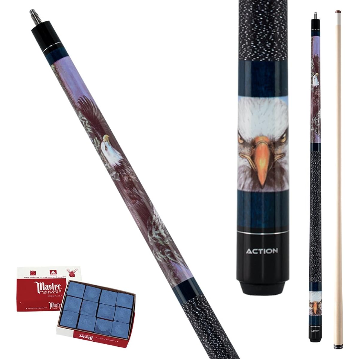 Action Adventure ADV99 Blue Bald Eagle Pool Cue Stick with 12 Pieces of Master Billiard Chalk