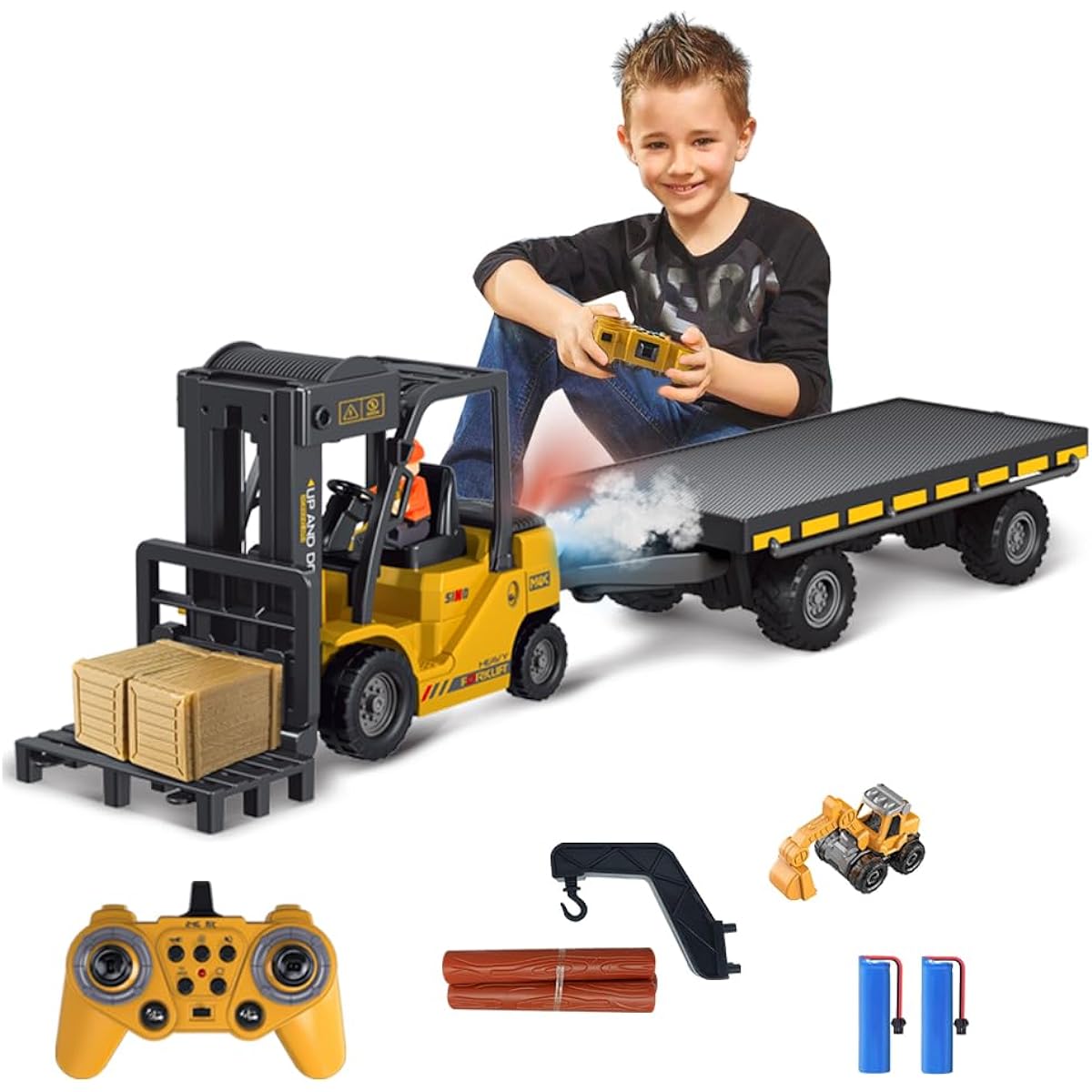 KNACKTOYZ Remote Control Forklift with Flatbed Truck, 11 Channel RC Forklift with Spray, Cool Lights & Sounds, 2-in-1 Lift Fork & Hook Crane Construction Toy for Boys, Birthday Gift for Ages 3+