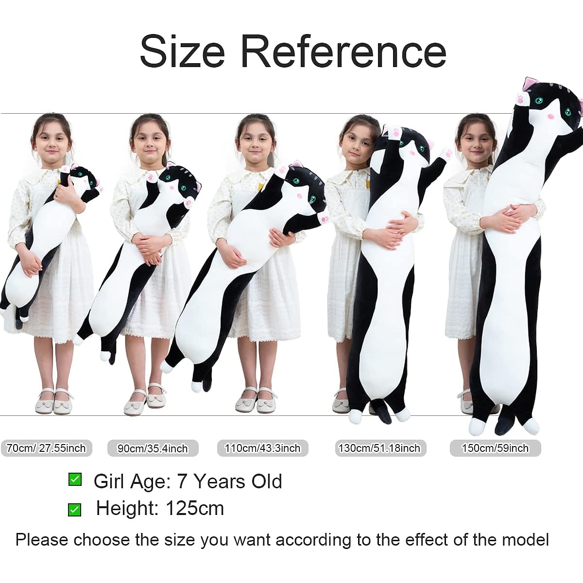 Giant Cat Pillow Plush Cartoon Cat Sleeping Body Pillow Cuddly Soft Long Kitten Body Pillow Doll Cat Cushion Toy for Kids Girlfriend (Black 110cm/43.3inch)