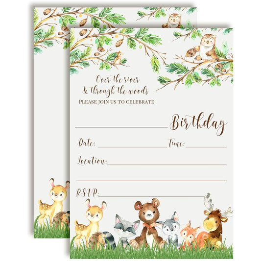 AmandaCreation Watercolor Woodland Cute Animals Birthday Party Invitations - 20 5"x7" Cards with 20 White Envelopes