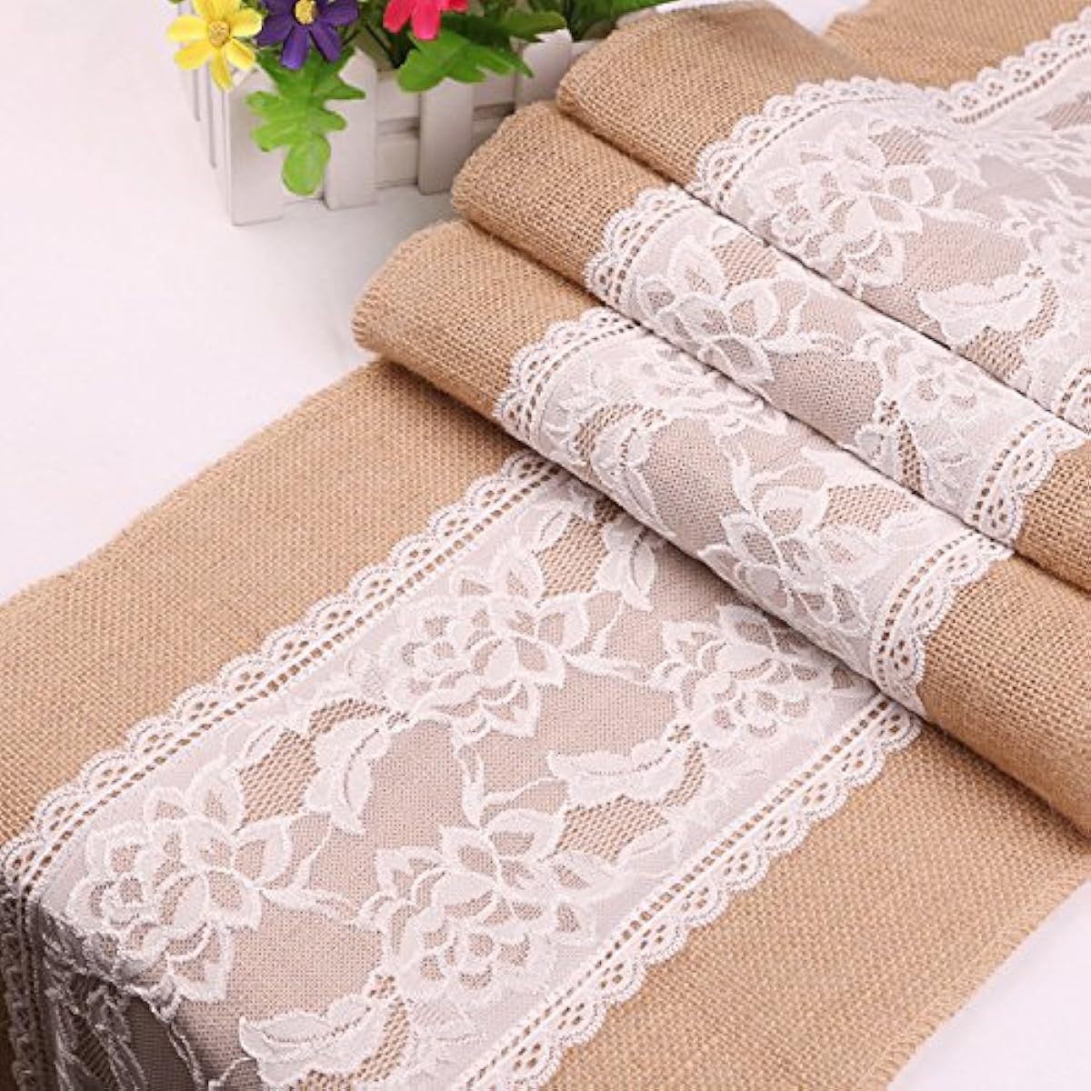 Burlap Lace Table Runner 12x108 Inch Rustic Natural Country Style for Wedding Birthday Party Banquet Pacnic Dessert Outdoor & Indoor (A)