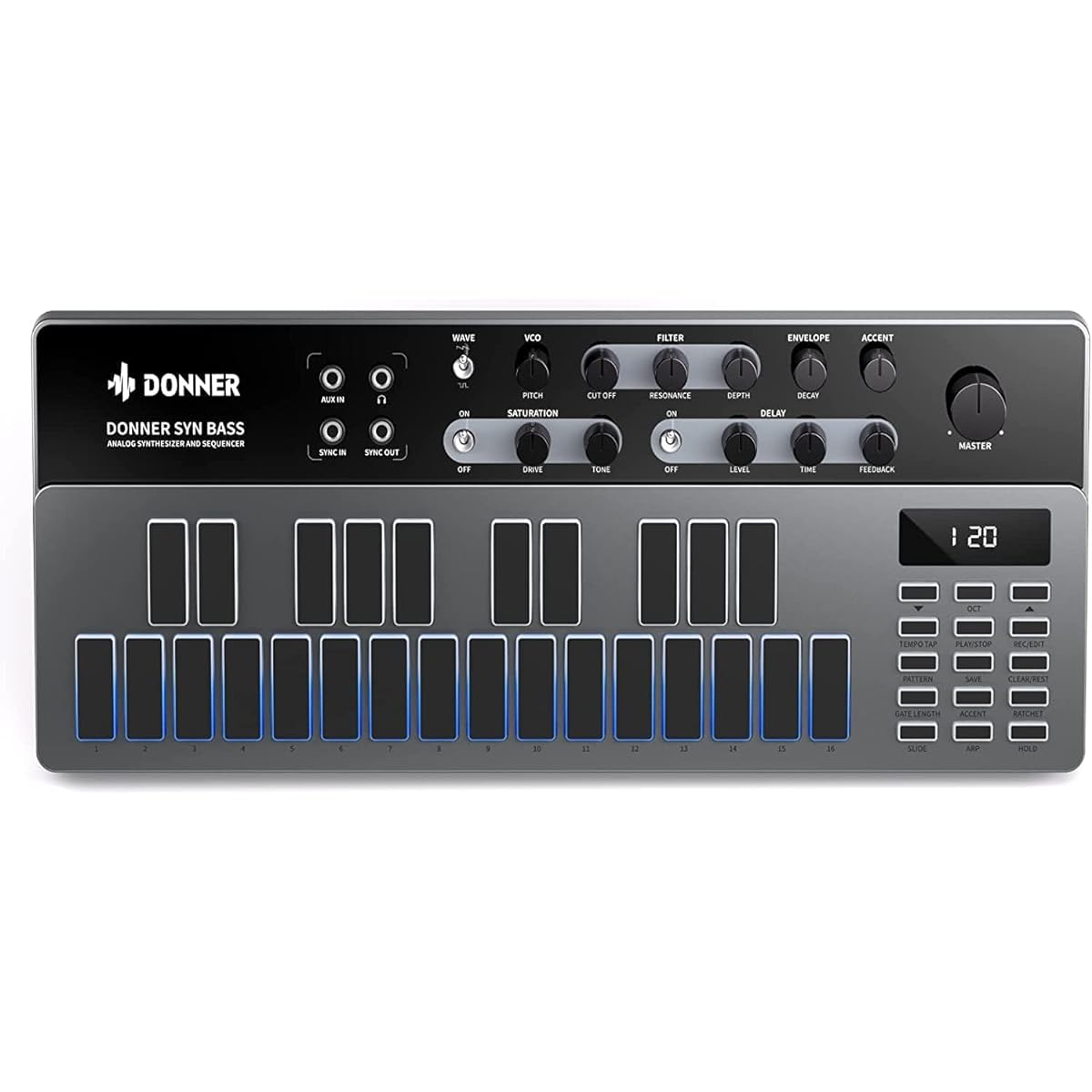 Donner Synthesizer Essential B1 Analog Bass Sequencer 128 Patterns LED Screen MIDI IN/OUT Terminal Backlight USB Music Production Japanese Instruction Manual Included