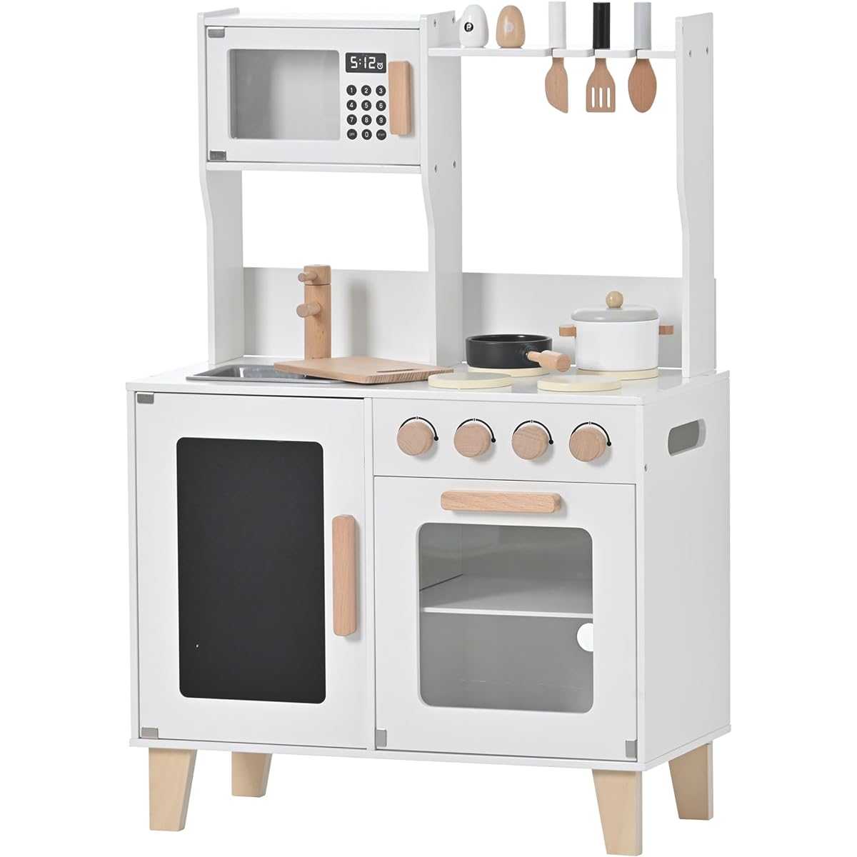 Pretend kitchen, wooden, with cooking utensils, seasonings, ingredients, blackboard, and storage, assembly required, perfect for kids, birthday present, mini kitchen, white