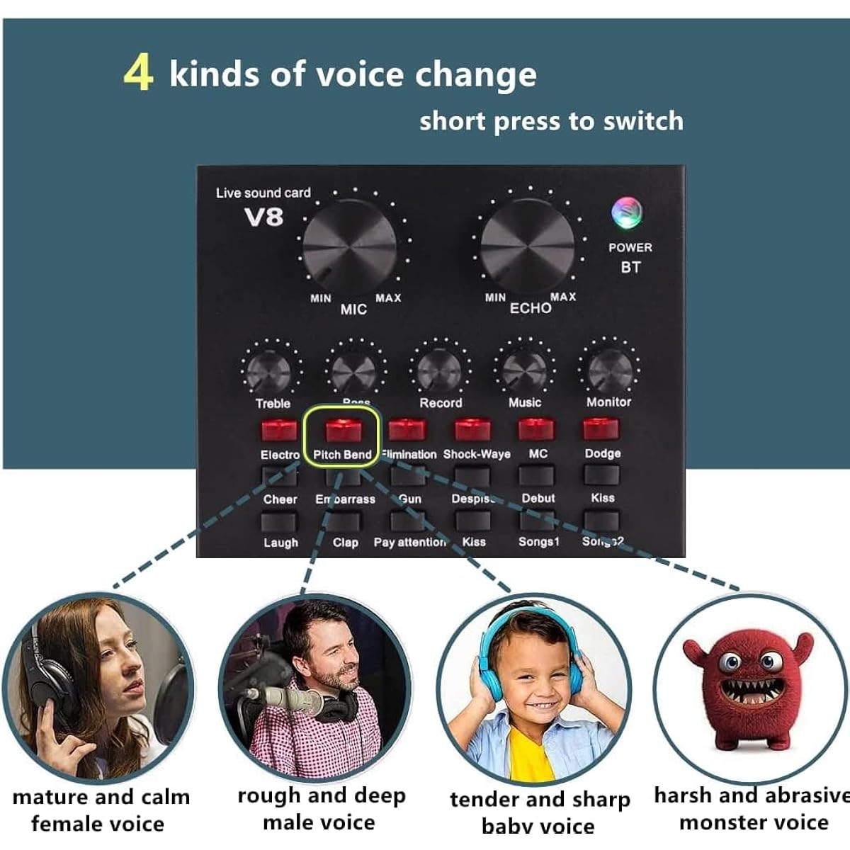SKTEET Podcast Equipment Set with BM800 Podcast Microphone and V8 Sound Card Voice Changer - Audio Interface - Perfect for Recording, Singing, Streaming and Gaming (V8-Black)