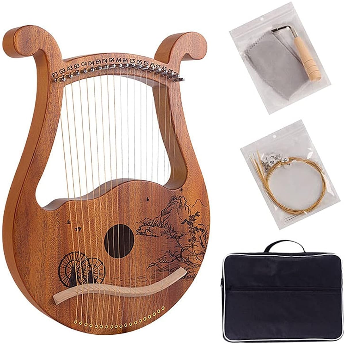 WowZza Mahogany 19 String Lyre Harp, Classic Carved Pattern Lyre with Tuning Lever, Travel Bag, Spare Strings, Beginner for Adults Kids