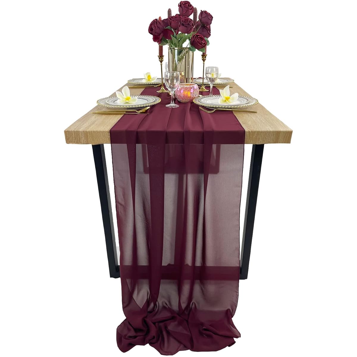 EH Linen 13ft Chiffon Table Runner 27x156 Inch Romantic Sheer Wedding Table Runner Top Table Bridal Party Decorations (Burgundy)