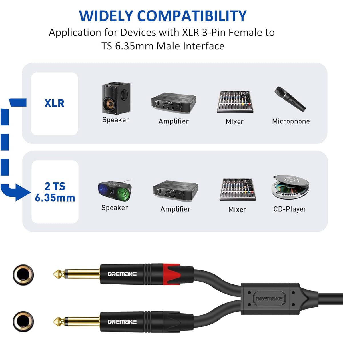 DREMAKE Dual 6.35mm 1/4" to XLR Microphone Cable Dual Mono 6.35mm Male to XLR Female Audio Y Splitter Patch Cord Female 3 Pin XLR to Dual 1/4" (6.35mm) TS Male Converter Adapter Cable 3 Feet