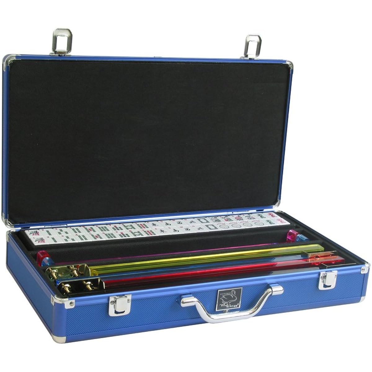White Swan Mah Jongg - American Mahjong Game Set (166 Premium White Tiles, Pusher Arms, Aluminum Case, Blue)