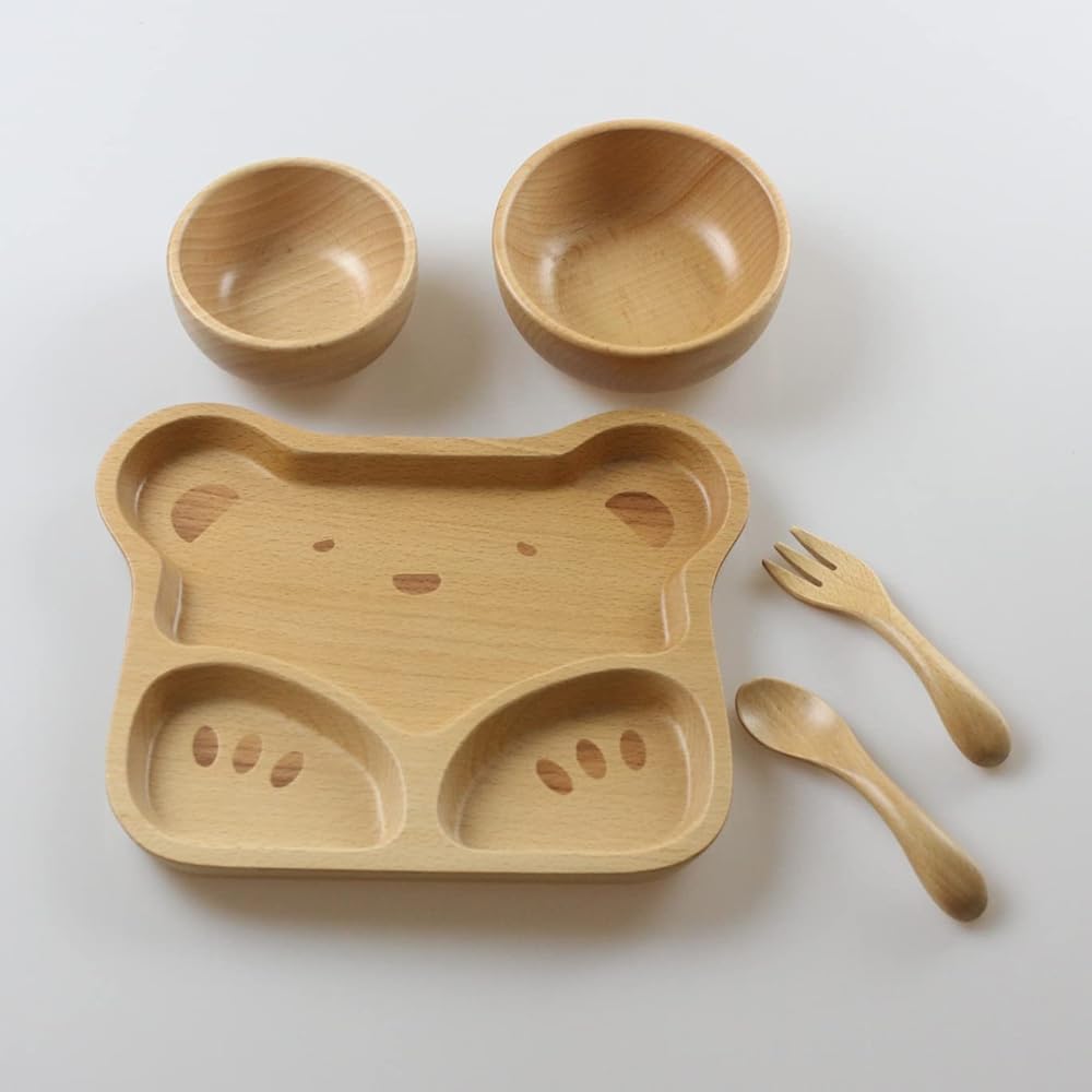 Fujishiro Kogei Wooden First Eating Children's Tableware Set (5-piece bear set)