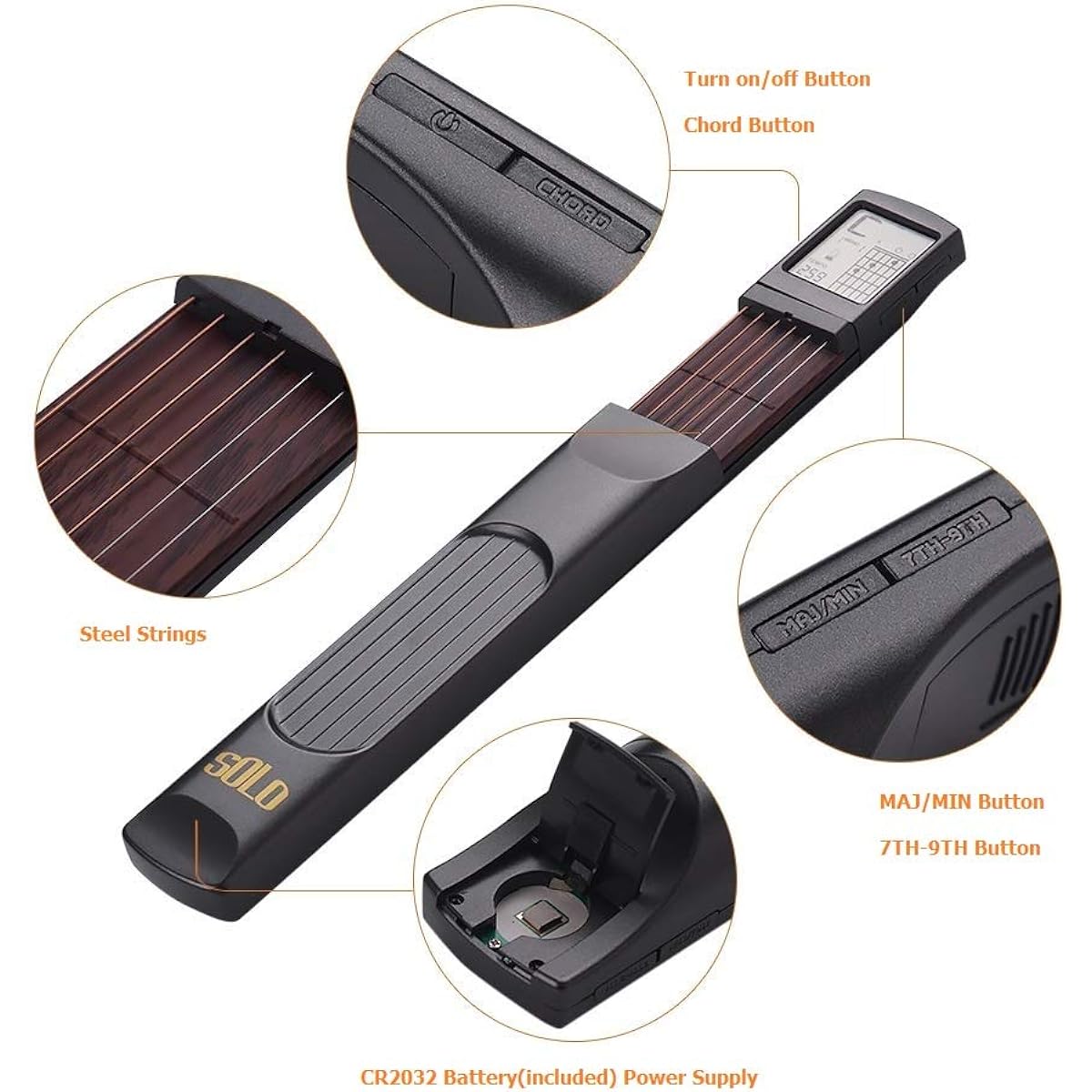 Pocket Guitar Chord Practice Tool, Portable Guitar Neck Trainer for Beginners with Rotatable Chord Chart Screen (Battery Included)