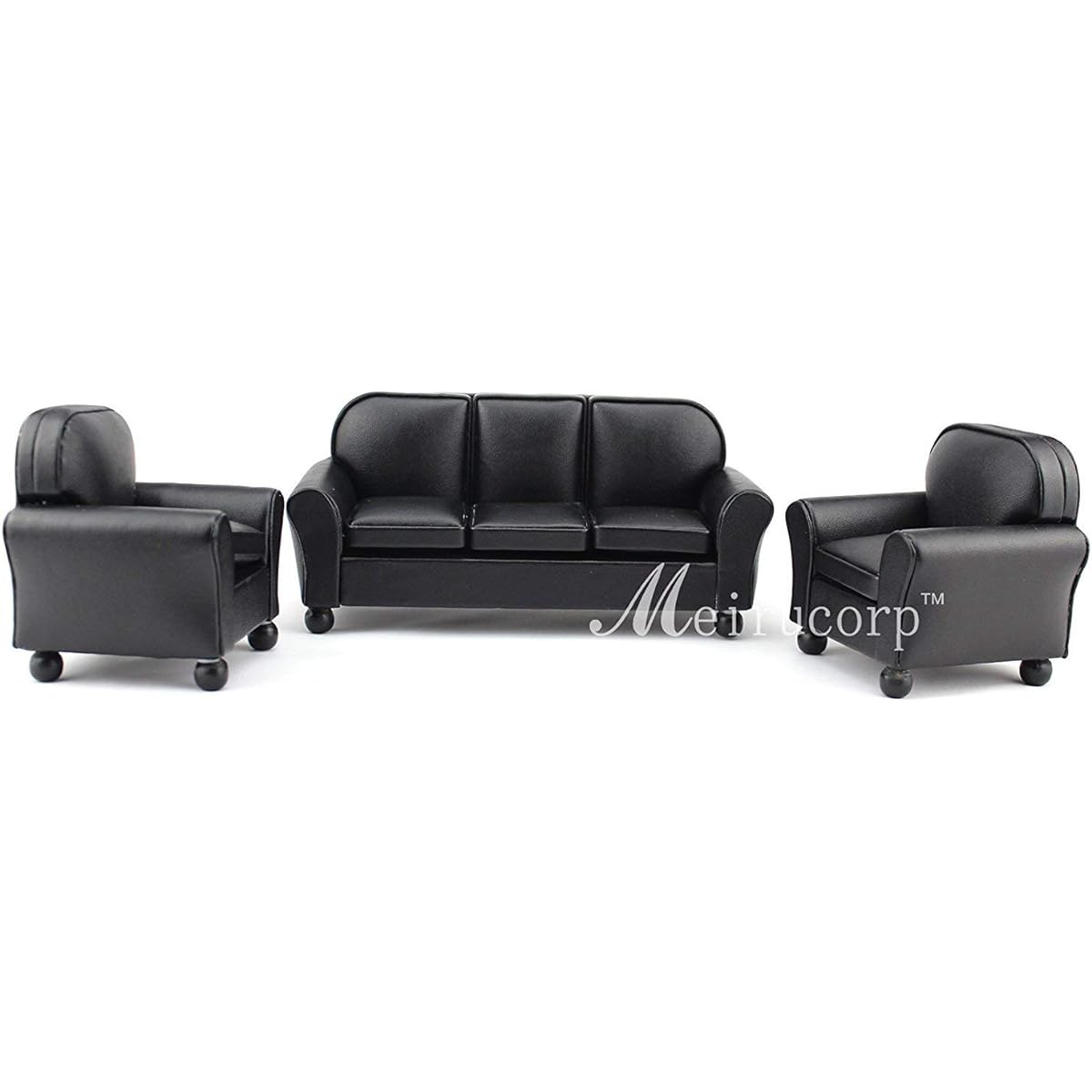 Dollhouse Furniture 1/12 Scale Miniature Black Leather Sofa, Set of 3 Chairs