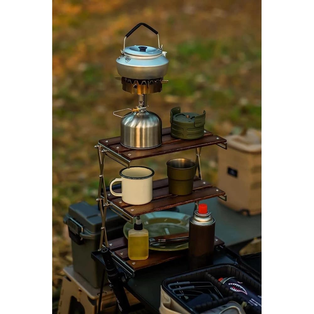 Camping Shelf Folding Rack Camping Rack Wooden Outdoor Rack Tabletop Storage Rack 3 Tier Rack Camping Folding Width 30cm x Height 34cm Desktop Shelf Lightweight Desk Rack Compact Easy to Assemble Storage Bag Included