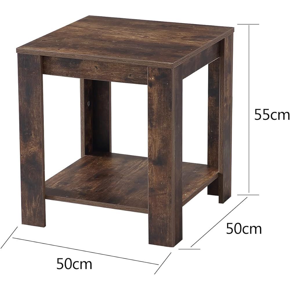 Side table, night table, living sofa side table, bedside table, coffee table, square table with storage shelf, mini table, corner table, width 50 x depth 50 x height 55 cm FUNROLUX (vintage brown)