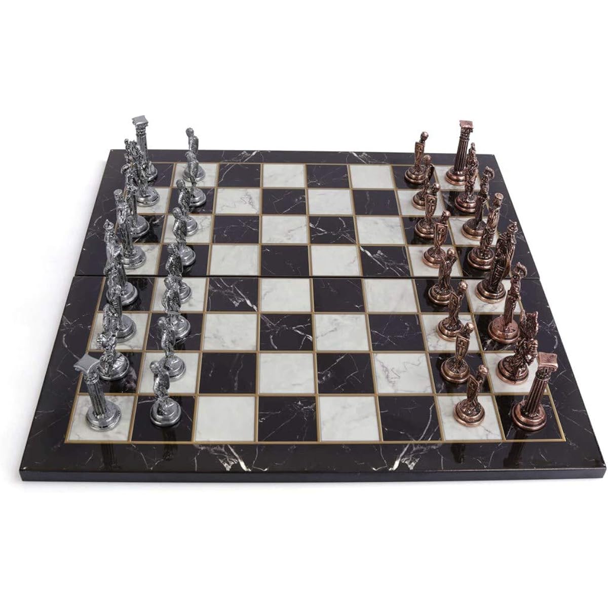 GiftHome Royal Medieval British Army Antique Copper Metal Chess Set for Adults Handmade Pieces Marble Design Wooden Chess Board King 3.35 Inch