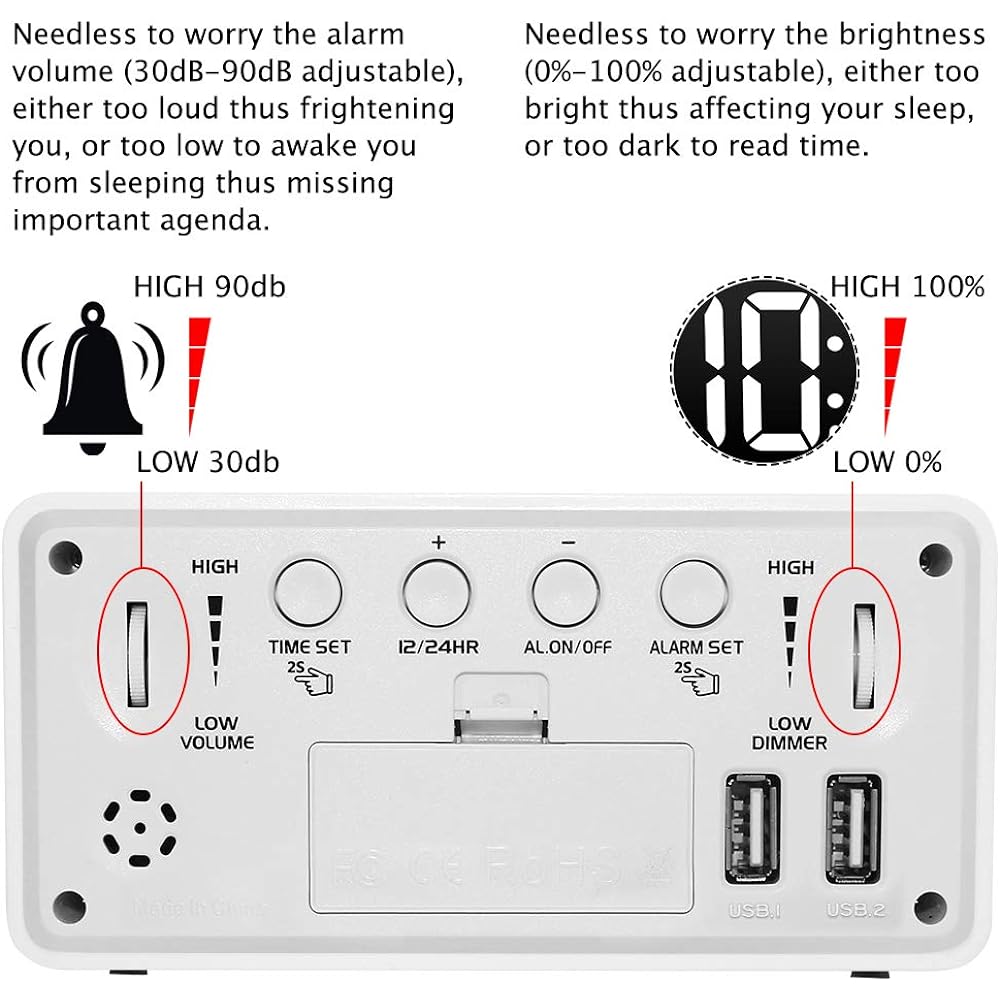DreamSky Adjustable Brightness Dimmer Bold Number Display Adjustable Alarm Volume Snooze 1224 Hour Display Bedside Alarm Clock Compact Digital Alarm Clock with USB Port for Charging.
