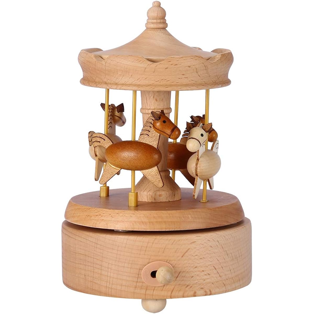 GLOGLOW Carousel Music Box Natural Beech Wood 4 Horse Rotating Tree Clockwork Music Box Children Girls Friend Birthday