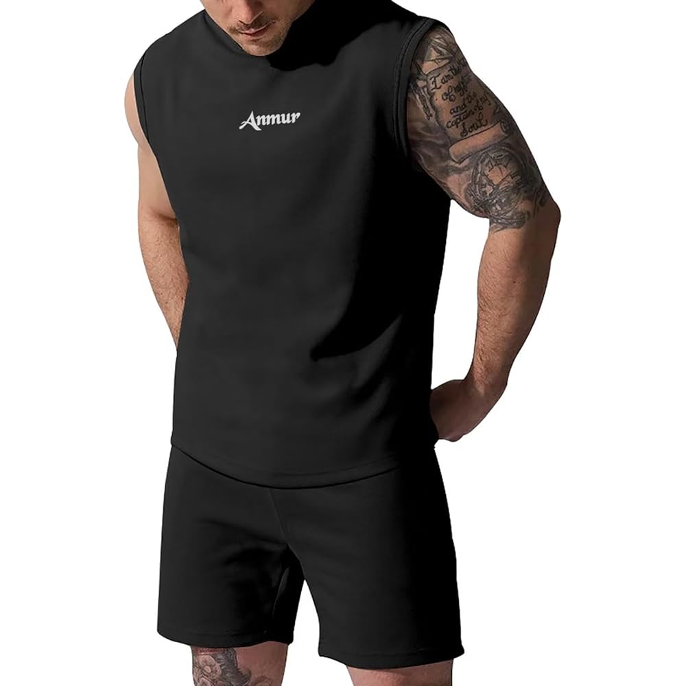 [Anmur] Jersey Top and Bottom Set Men's Summer Clothes Tank Top + Shorts Running Training Comfortable with Pockets Waist Plain Adjustable Breathable Casual Training Top and Bottom Sweatshirts