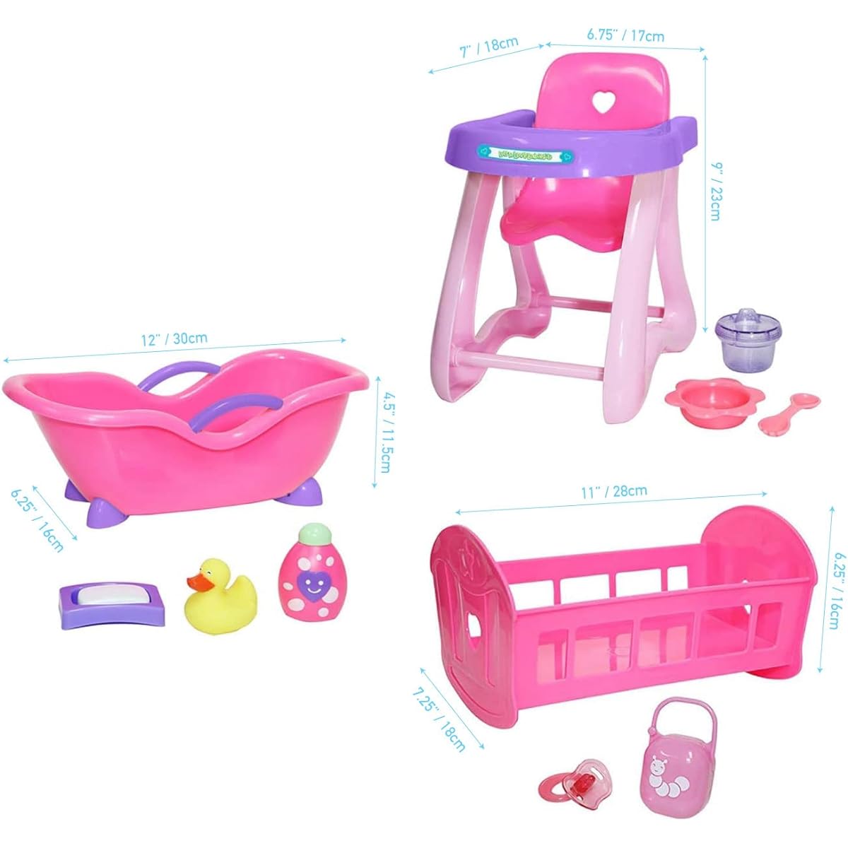JC Toys Deluxe Doll Accessories Bundle | High Chair, Crib, Bath + Extra Accessories for Dolls up to 11" | Fits 11" La Baby & Other Similar Sized Dolls, Pink (81453)