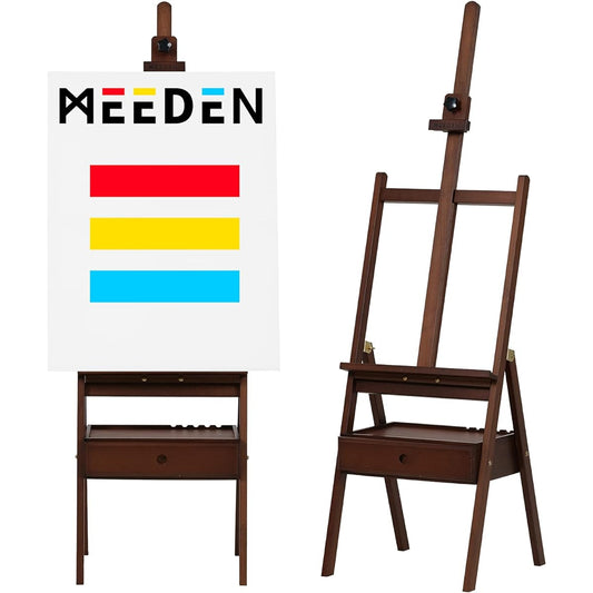 MEEDEN Studio H-Frame Easel with Art Supply Storage Drawer Adjustable (60"-75") Solid Beech Wood Easel Stand for Artists Students Adults Holds Canvas Art up to 35" Walnut