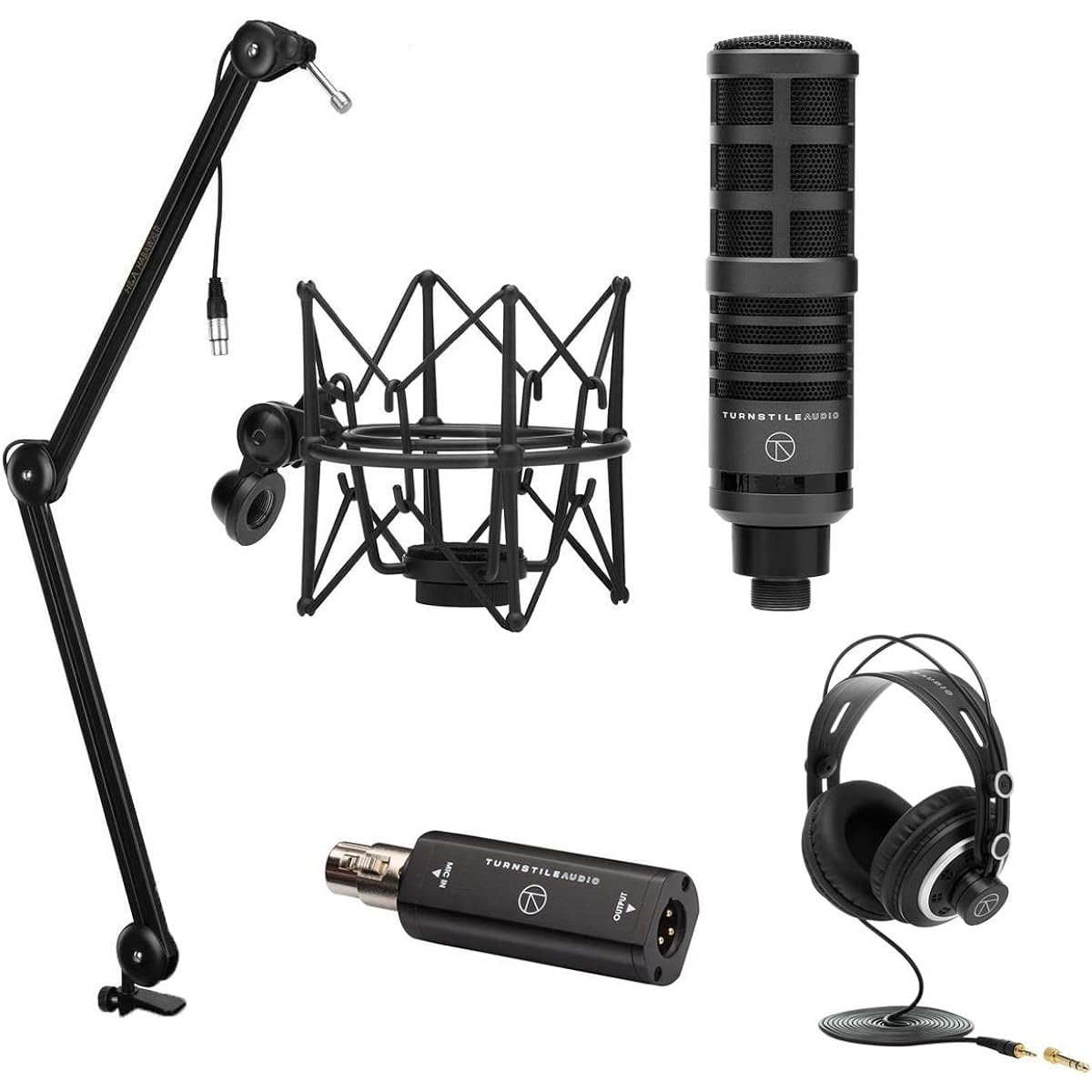 Turnstile Audio Platform Series TAP300 Cardioid Dynamic Broadcast Microphone Set, TAP100MP Microphone Preamp, TAPH300 Monitor Headphones, Broadcast Arm