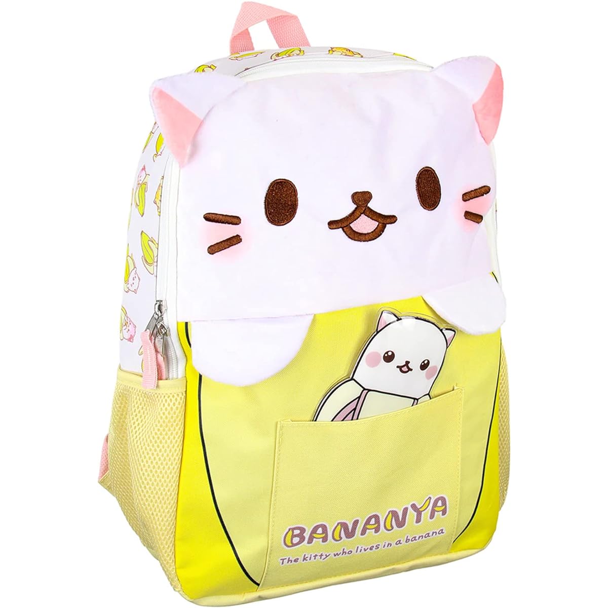Bioworld Crunchyroll Bananya Plush 3D Cat Anime Cartoon 16" Backpack, Yellow/White, One Size, Japanese