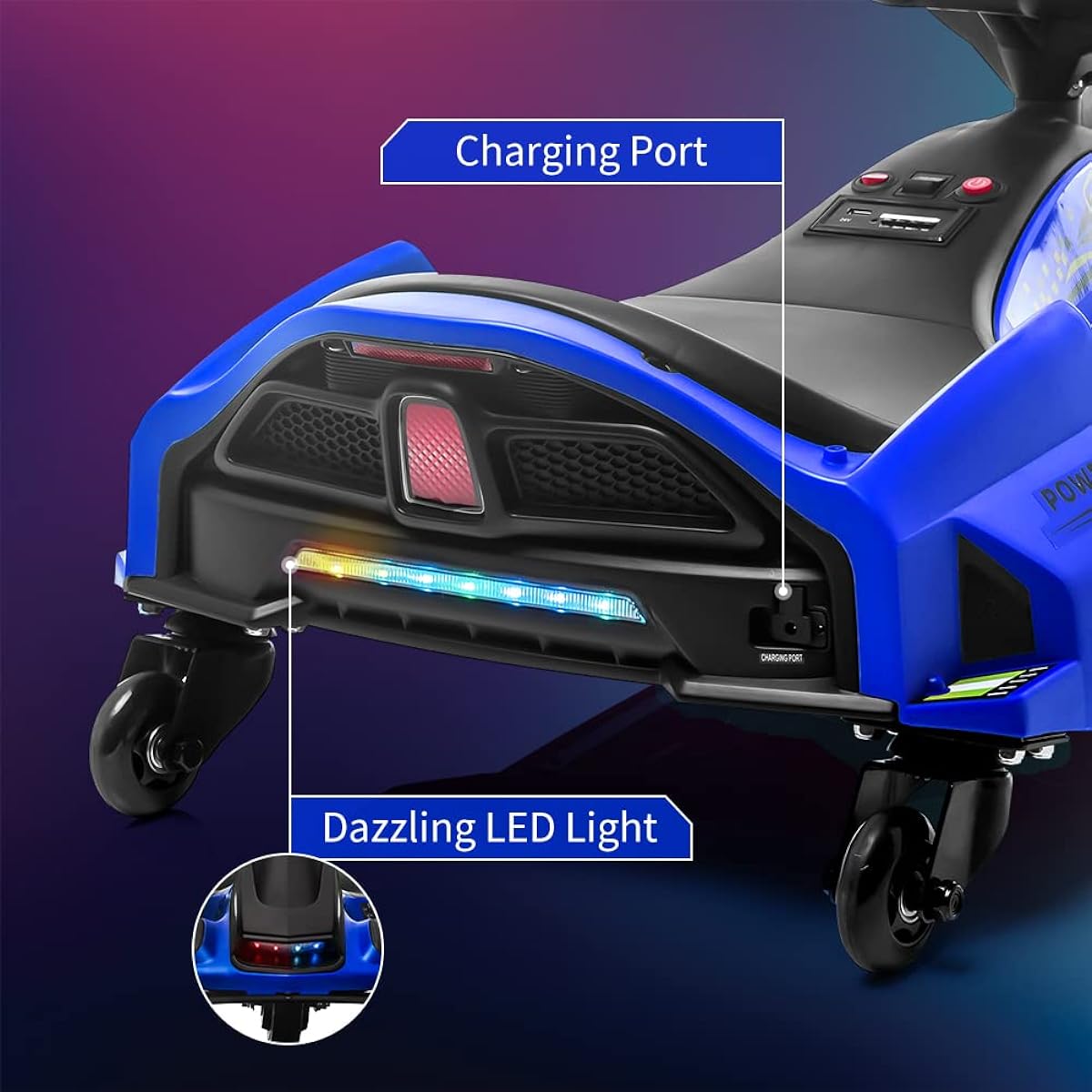 24V Kids Drift Car, Electric Drift Go Kart for Kids, Max 7.5mph Variable Speed, Built-in Music, Colorful LED Lights, USB, Low Power Alarm, Blue