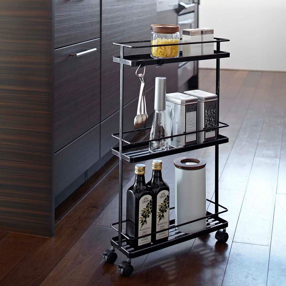 Yamazaki Jitsugyo Slim Kitchen Wagon Black Approx. W38XD12XH66cm Tower [Complete product: only casters and hooks are installed by the customer] 7152