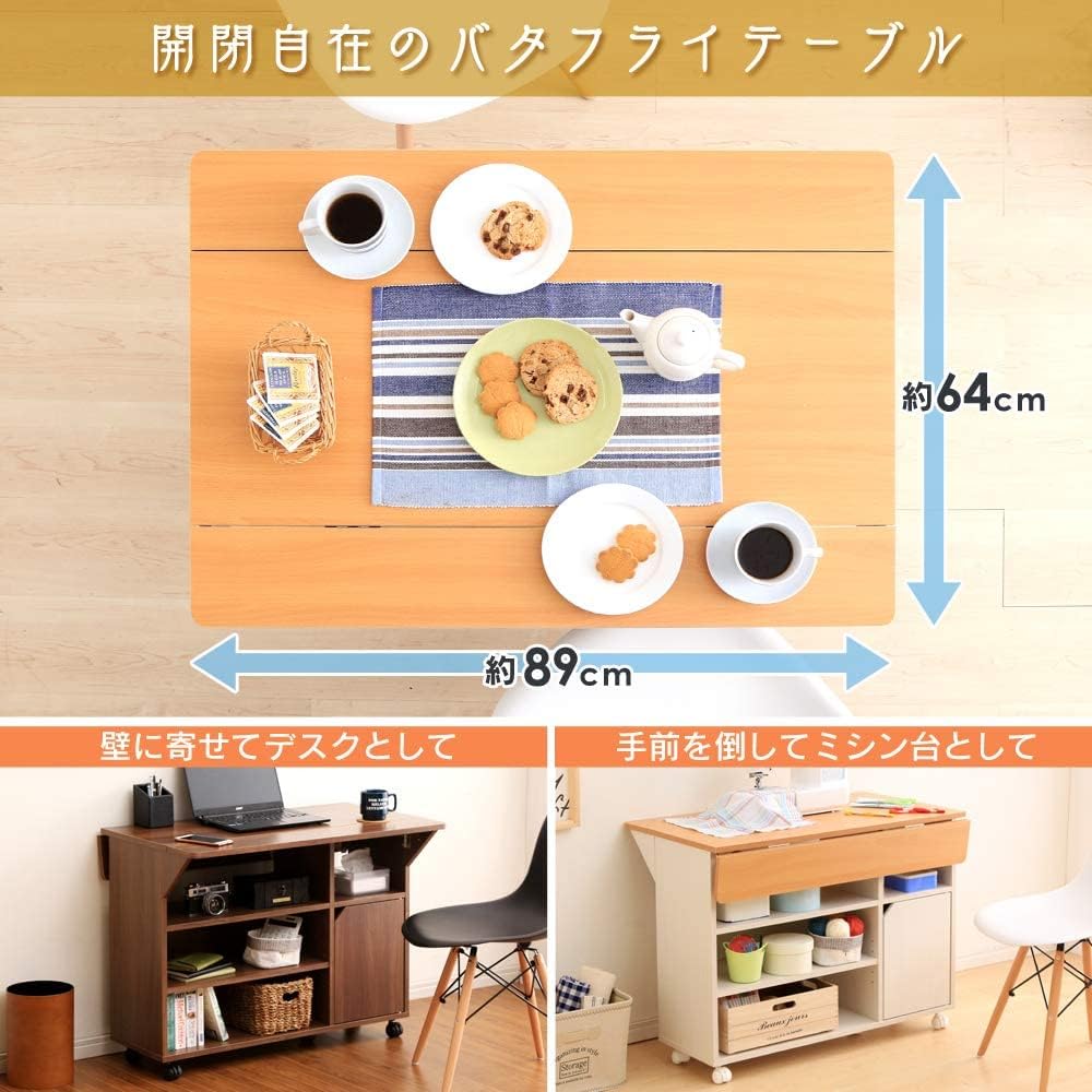 IRIS OHYAMA Kitchen Counter Computer Desk Storage Kitchen Wagon Beach/White Width 90cm Comes with Double Doors Butterfly Table that Can Be Opened and Closed