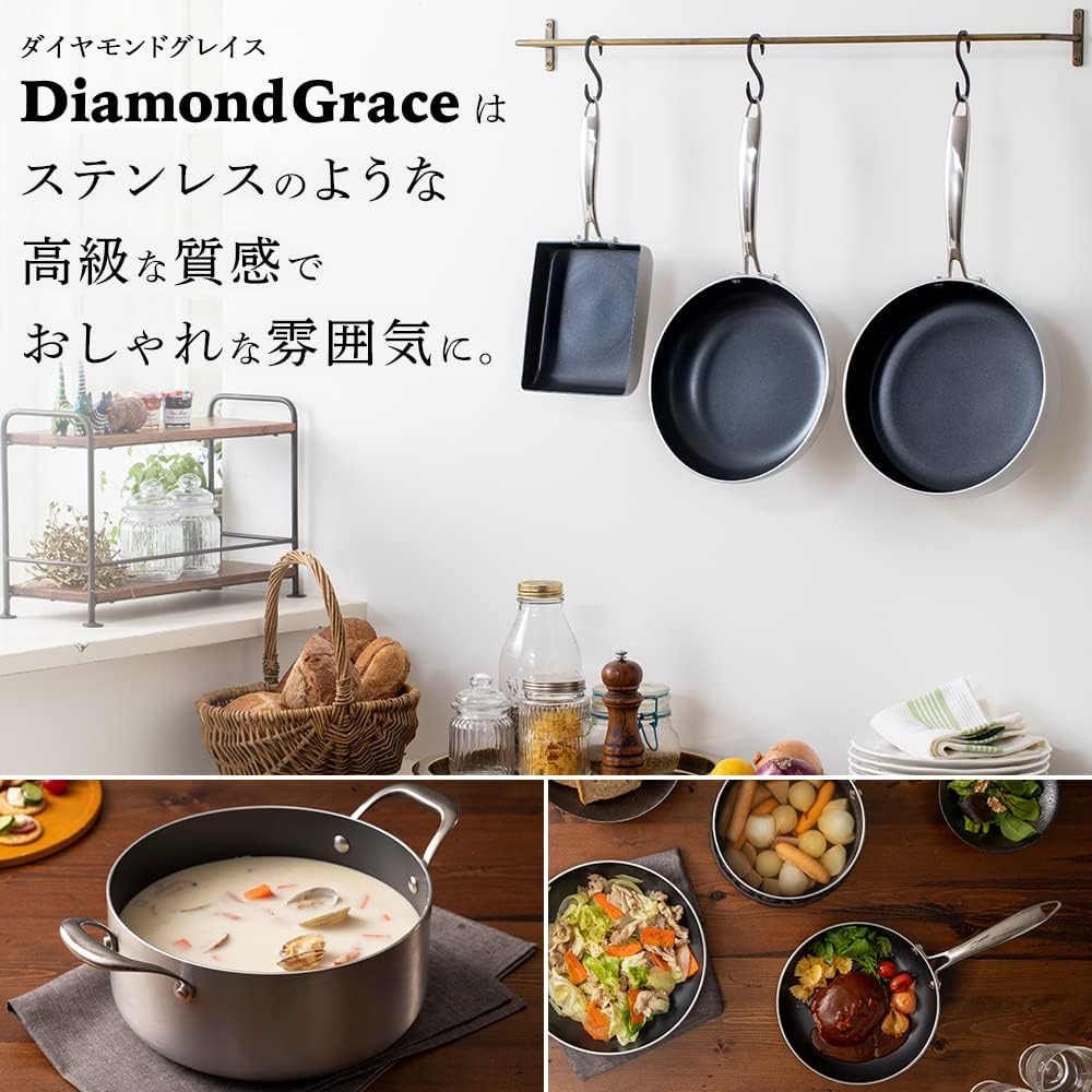 Iris Ohyama Frying Pan Pot 6 Piece Set 26cm 20cm IH Compatible Diamond Grace Silver KITCHEN CHEF DG-SE6