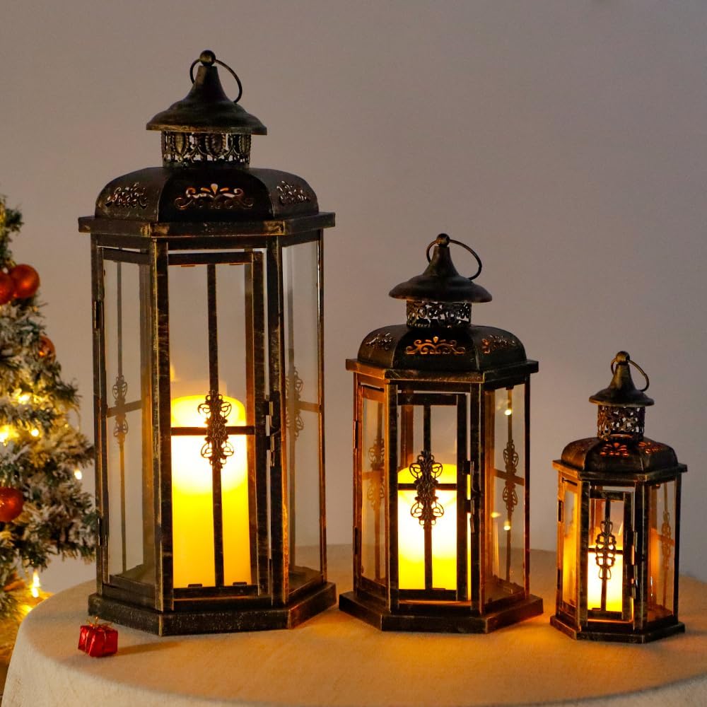 JHY DESIGN Set of 3 Candle Lanterns Height 25&36&50CM Old Candle Holder Vintage Candlestick Candle Stand Indoor/Outdoor Stylish Interior Goods Bar Office Room Wedding Birthday Christmas Present (Black)