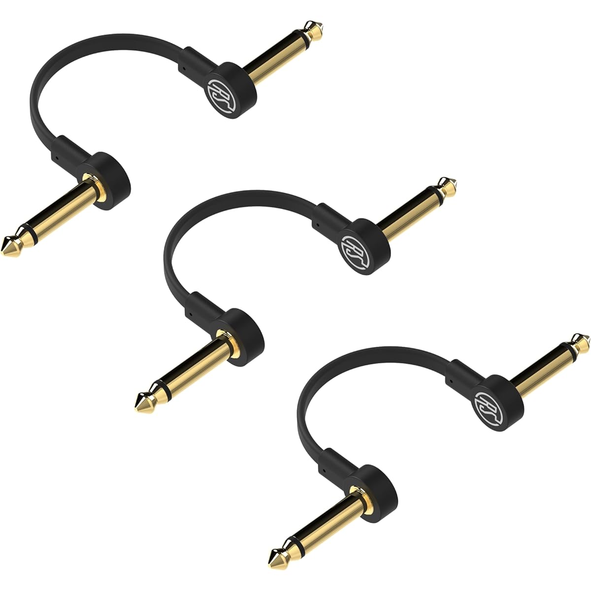 Rock Stock Guitar Flat Patch Cables - 12 Inch C-Shape Effect Pedal Cables - Black with Durable Gold Plated Connectors, Maximize Pedalboard Space (3 Pack)