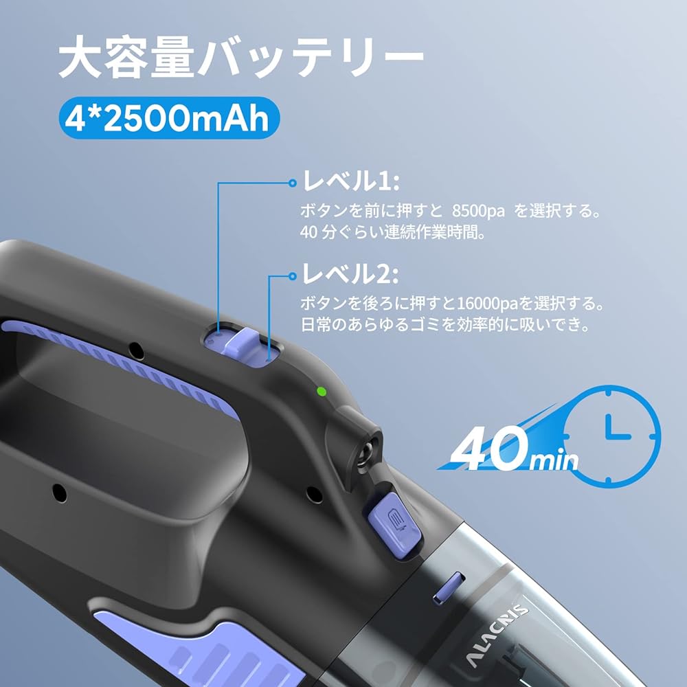ALACRIS Handy Vacuum Cleaner, Car Vacuum Cleaner, Cordless, Powerful Suction Handy Vacuum Cleaner, 16000Pa, Mini Vacuum Cleaner, Car Cleaner, Powerful, USB Rechargeable, 35 Minutes Continuous Operation, Comes with LED Light, Lightweight, Compact, Low Noi