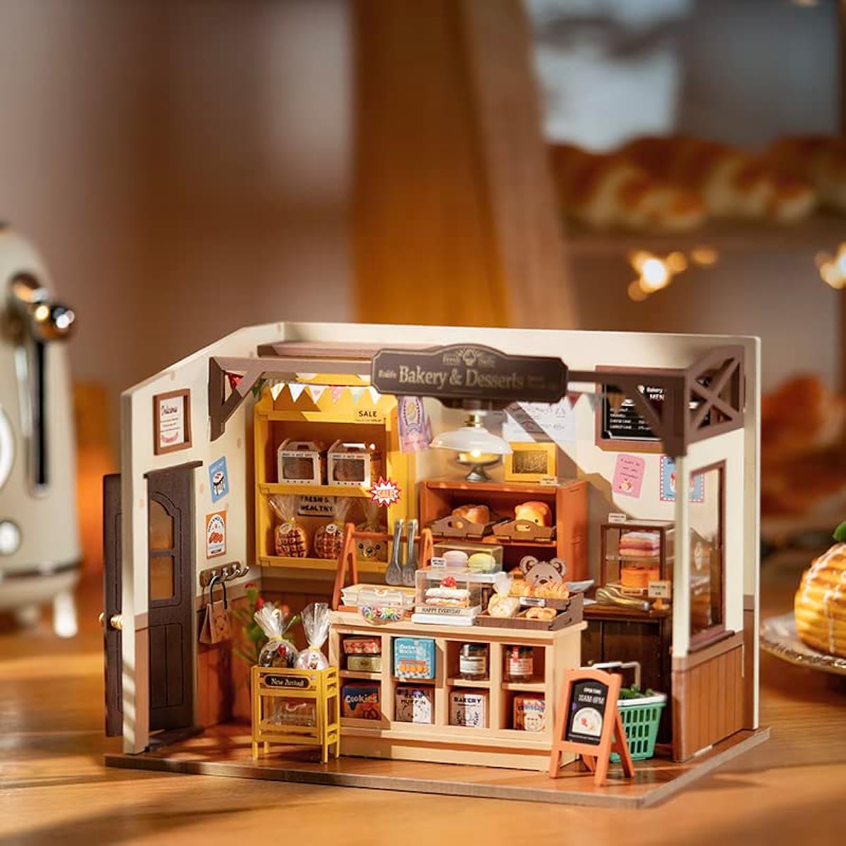 Rolife Miniature House Kit Dollhouse Becca's Baking House Bakery DIY 3D Puzzle LED Handmade Kit Assembly Wooden Puzzle Woodcraft Illustrated Instruction Manual Included Official Sales For Kids and Adults Interior Accessories Time Killer Perfect Gift